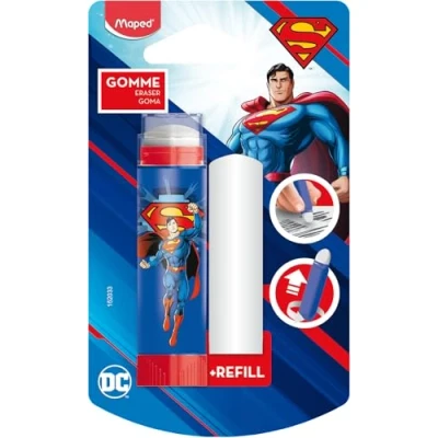 Imagen de GOMA DE BORRAR MAPED SUPERMAN, Diseño Retráctil Con Repuesto, Borrador Escolar De, Suave Y Preciso Para Lápiz Grafito, Ideal Niños Colección DC Comics