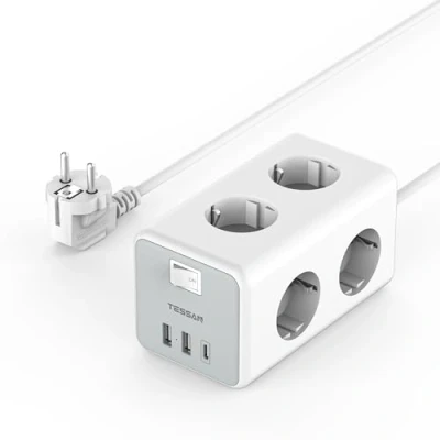 Imagen de TESSAN Regletas Enchufes de 6 Tomas con USB C, Ladron 1 C y 2 USB, Enchufe Interruptor, Alargador 2M, 9 en Multiple, 3600W para Hogar Oficina
