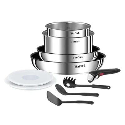 Imagen de Tefal Ingenio Batería de cocina (10 unidades, estufas, ollas, tapas herméticas, mango extraíble, inducción, acero inoxidable, apilable, antiadherente, apto para lavavajillas, Emotion L8971S04)