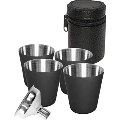 Imagen de Outdoor Saxx Conjunto de 6 unidades, 4 vasos licor acero inoxidable, con funda piel y 1 embudo ideal para petaca,color negro