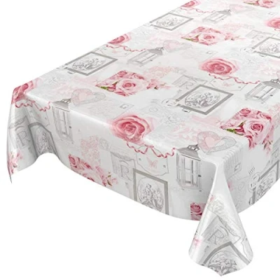 Imagen de ANRO Mantel de Hule, Encerado, Lavable, diseño Rosas rústicas, Color Gris, 160 x 140 cm