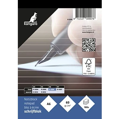 Imagen de Kangaro Bloc de notas A6 a rayas, 60 grs, 100 hojas, K 5506, blanco, 10,5 x 14,8 0,9