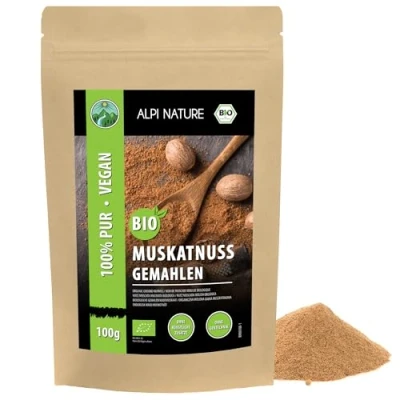 Imagen de nuez moscada orgánica molida (100g), molida, en polvo de cultivo orgánico, probada laboratorio, 100% pura y natural