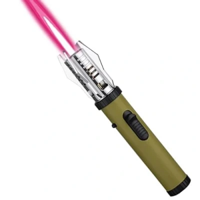 Imagen de encendedor de llama chorro, largo butano recargable, resistente al viento, chorro ajustable para parrilla, barbacoa, camping, estufa, vela (se vende sin gas) (verde)