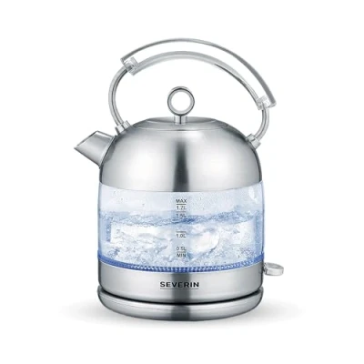 Imagen de SEVERIN Hervidor de agua retro , 2.400 W, 1.7 L, Elemento calefactor cubierto por placa Acero inoxidable, Vidrio / inoxidable cepillado, WK 3459