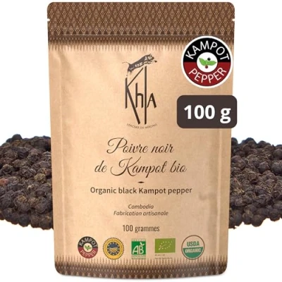 Imagen de Khla Pimienta Negra de Kampot 100g en Grano Orgánica Grand Cru, Rara y Delicada Ingrediente Cocina Directo del Productor Especia Asiática Origen Camboya