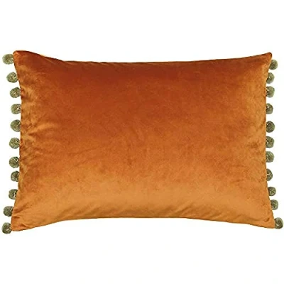 Imagen de Paoletti Riva Fiesta Rectangular Cojín Rust Orange Verde De Color Caqui Pompom Bordes Faux Velvet Reversible Cierre Cremallera 100% Polyester 35 X 50Cm (14&quot; 20&quot; Pulgadas)