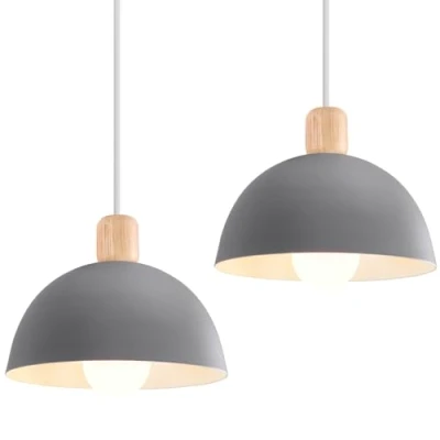 Imagen de iDEGU 2 Piezas Lámparas de Techo Moderna, 20CM LED Lámpara Colgante en Hierro y Madera Estilo Escandinavo Iluminación E27 Retro Luz Interior para Dormitorio Comedor Sala Estar (# Gris)