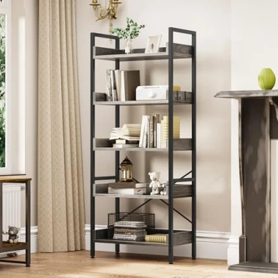 Imagen de YITAHOME Estantería de 5 Niveles, Librería pie para Libros, Estante Madera y Marco Acero Estable, con 4 Ganchos, Almacenamiento Industrial Sala Estar, Gris