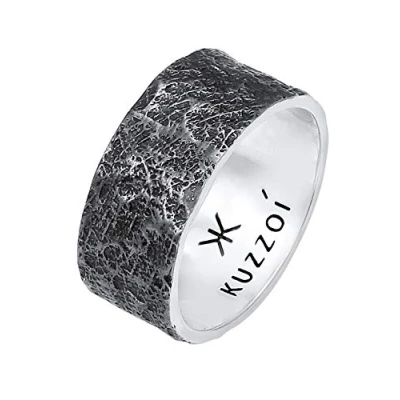 Imagen de Kuzzoi Anillo para Hombre (10 mm) Forjado a Mano Macizo, de Plata Ley 925 con Aspecto Envejecido, Estructura rústica Oxidado