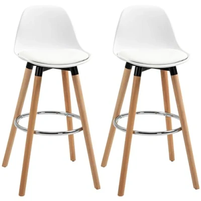 Imagen de HOMCOM Juego de 2 Taburetes Bar Tapizado en PU Altos Cocina con Asiento 70 cm Altura Patas Madera para Comedor 40x42x91 Blanco