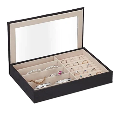 Imagen de Relaxdays Joyero con Efecto Piel, Funda de Terciopelo, Caja Joyas Ventanilla, 5 x 30 21 cm, Soporte Anillos, Negro, Tablero Fibras