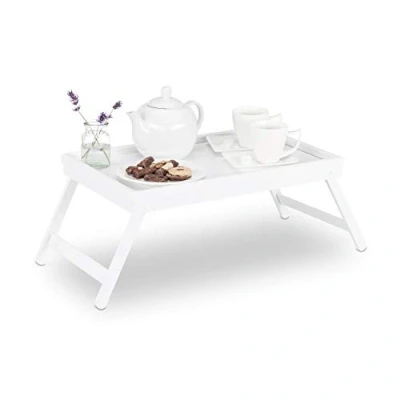 Imagen de Set de 2 Bandejas Bambú para la Cama con Patas Plegables, Desayuno y Aperitivos, Sofá, 22 x 64 31 cm, Blanco