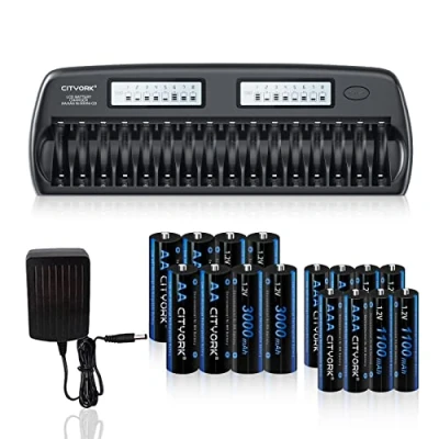Imagen de CITYORK 16 Bay LCD Smart AA/AAA Charger con 8 Pilas AA 3000 mAh y 1100 (8X + 8X AAA Battery+Charger)
