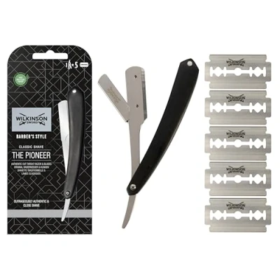 Imagen de Wilkinson Sword Classic Navaja Clásica de Afeitar Barbero Accesorio Profesional Afeitado y Cuidado Contorno Barba + 5 Recambios Doble Hoja
