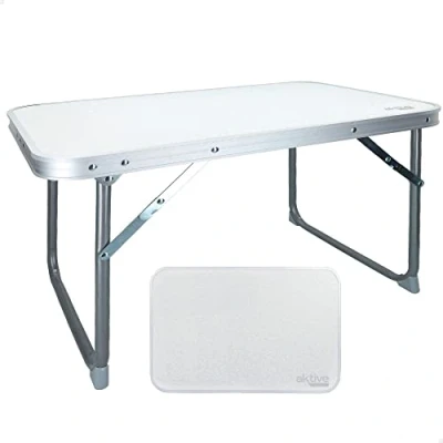 Imagen de AKTIVE mesa playa plegable, baja playa, 60x40x40cm, color blanco, estructura de metal, tablero madera, plegable camping pequeña, tacos antivuelco (52836)