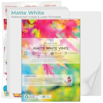 Imagen de Evergreen Goods 100 Hojas de Papel Autoadhesivo Vinilo A4 Blanco Mate Resistente al Agua, Impresión para Impresoras Inyección Tinta y Láser, Etiquetas Adhesivos Imprimir