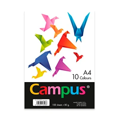 Imagen de Campus Papel de colores A4 100 Unidades, 80g/m², 210 x 297 mm. Papeles con tacto suave, perfectas para encuadernación, oficina, dibujo y manualidades. 10 Diferentes