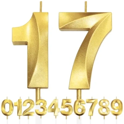 Imagen de 17th Vela de Cumpleaños con Purpurina Dorada y Diseño 3D Número 17 Velas Números, Decoración Tarta, Tarta para Fiesta Cumpleaños, Aniversario Boda,