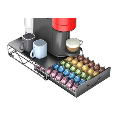 Imagen de Soporte multifuncional de metal para cápsulas café Vertuoline 60 pequeñas o 40 grandes Vertuo y Dolce Gusto, organizador cajones Nespresso