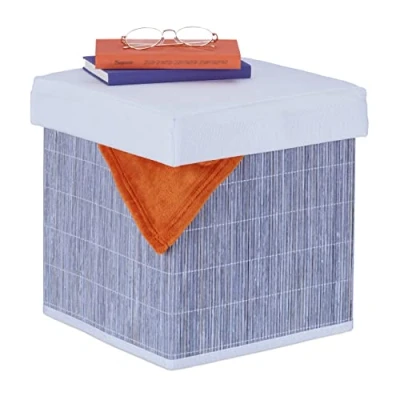 Imagen de Relaxdays Puff Almacenaje Plegable, Acolchado Suave, 35 x cm, Taburete Cuadrado, Tela, Bambú, Gris y Blanco, Tablero de Fibras, 35x35x35 cm