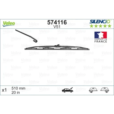 Imagen de Limpiaparabrisas Valeo Silencio Standard, Conventional Single 574116 510mm delante Estándar sujeción por gancho FORD: Escort 6, MONDEO 3