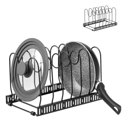 Imagen de eluno Tapa de olla y soporte para cajones armarios perfecto máx. 6 ollas, sartenes, tapas, platos, moldes tablas cortar, con patas antideslizantes, color negro