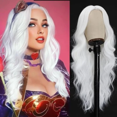 Imagen de PORSMEER Peluca larga y rizada Pelucas blancas naturales de raíz rubia sintética Resistente al calor para mujeres Fiesta Cosplay Disfraz color plata