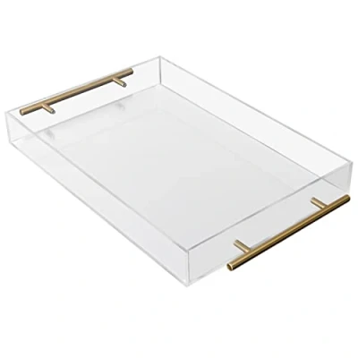 Imagen de Kurtzy Bandeja Plastico Acrílico Transparente con Asas Doradas 46 x 27,5 cm Rectangular Grande a Prueba de Derrames Decorativa, Café/Té, Alimentos, Bebidas y Desayuno
