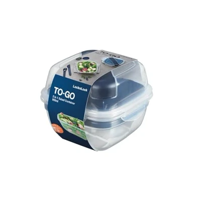 Imagen de LocknLock TO GO Salad Bowl con bandeja para tope, vaso salsa y cubiertos, 950 ml, 100% hermético, apto lavavajillas microondas, sin bisfenol A, ensaladera llevar