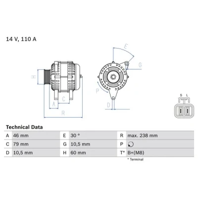 Imagen de BOSCH 0 986 049 500 Alternador 14V 110A KIA: CARNIVAL 2, HYUNDAI: Terracan