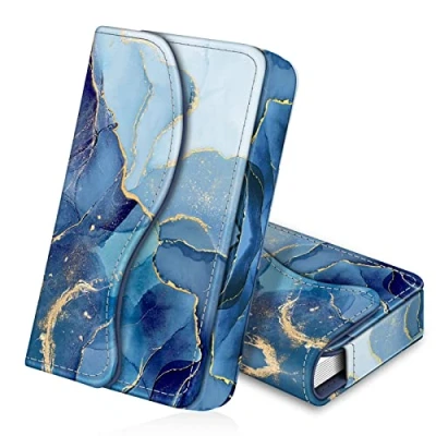 Imagen de Fintie Tarjetero de Tarjeta Comercial/Cartera Crédito Universal Organizador Exterior Sintético con Cierre Magnético, (Z Mármol Azul Dorado)