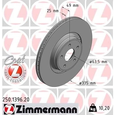 Imagen de ZIMMERMANN 250.1396.20 Disco de freno 335 25 5/5 5 108 ventilación externa revestido FORD: FOCUS 3, 3 Turnier