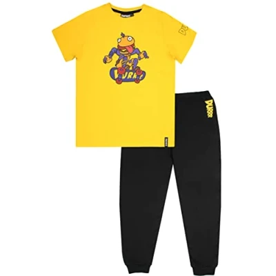 Imagen de Fortnite Pijama infantil blanco y negro con diseño de soldado calavera Ropa dormir 100% algodón Producto oficial Fortnite, Negro/Amarillo Hamburguesa, 13 años