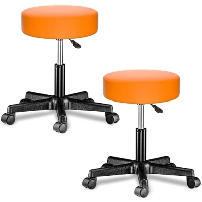 Imagen de CASARIA® Juego de 2 Taburetes Ruedas Altura Regulable 46 60cm Giratorio 360 Acolchado 10cm Taburete Redondo Ø35cm Naranja