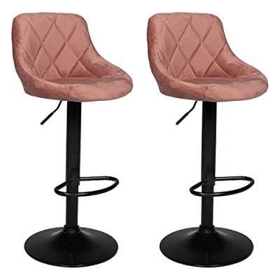 Imagen de Happy Garden, Juego de 2 taburetes Bar en Terciopelo Rosa Robin. Silla Cocina, diseño Moderno, con Asiento, Regulable Altura, Giro 360º y reposapiés. Taburete Respaldo