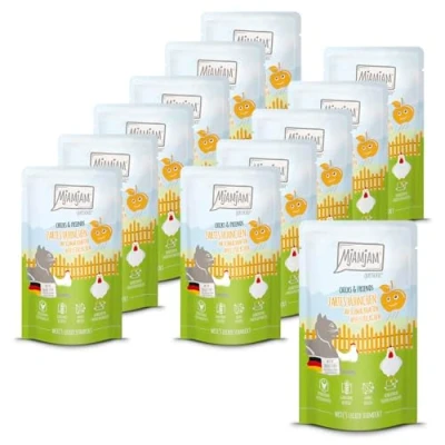 Imagen de MjAMjAM Comida húmeda Premium para Gatos Quetschie Chicks &amp; Friends tierno Pollo con sabrosos trocitos de Manzana, Pack 12 (12 x 125g), sin Cereales