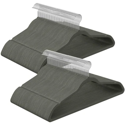 Imagen de SONGMICS Juego de 100 Perchas Aterciopeladas, 41,5 cm Largo, Finas, Gran Capacidad Carga, con Ganchos Giratorios 360, para Camisas Abrigo Completas, Gris CRF026G100