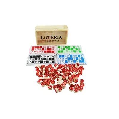 Imagen de Juegos de Bingo Lotería 48 Cartones y 90 fichas 2 Caras Caja Almacenamiento Madera .