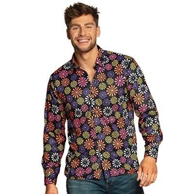 Imagen de Boland Flower Power Camiseta de manga corta para hombre, flores, camisa hawaiana, hippy, años 70, fiesta temática, carnaval, movedor, disfraz, multicolor, XL (44534)