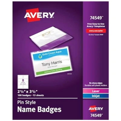 Imagen de Avery Insignias con nombre de carga superior estilo pin, 2.25 x 3.5 pulgadas, color blanco, caja 100 (74549)