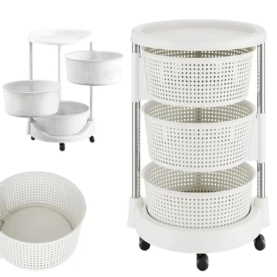 Imagen de BAKAJI Carro de Cocina frutero con cestas abatibles, portaobjetos Ahorra Espacio 4 Ruedas giratorias, Estructura Acero y plástico, Ideal para Cocina, baño, (3 estantes)