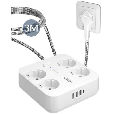 Imagen de LENCENT Regleta Enchufe USB 3M con Plano, Plano 4 Tomas de CA, 3 y 1 Tipo C, Interruptor Protección contra Sobretensiones para Hogar Oficina