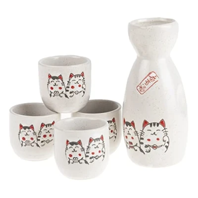 Imagen de lachineuse Servicio de Sake para gatos japoneses con 4 cuencos &amp; jarra Vasos Kawaii Regalo vajilla asiática Tradicional Porcelana Japón Gato Maneki Neko