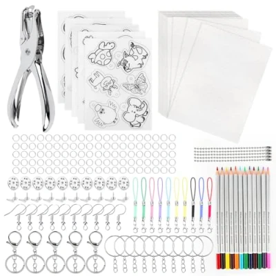 Imagen de MXTIMWAN 208 Pieces Kit Hojas de Plástico Termocontraíble Incluye Papel Película Retráctil, Perforadora, Lápiz, Llaveros, Plastico Magico Transparente para Niños, Manualidades Creativas DIY