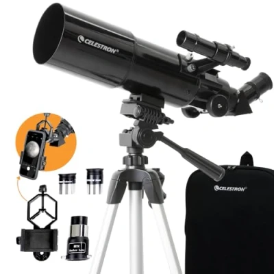 Imagen de Celestron 22030 Travel Scope: telescopio Refractor portátil con Lente de 80mm, óptica Vidrio Completamente Revestido, Paquete Software Bonus Astronomy y Adaptador Smartphone para digiscoping