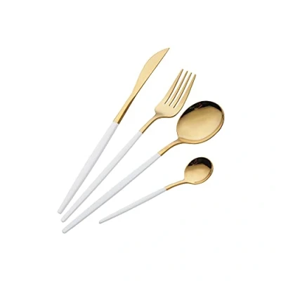 Imagen de Juego de Cubiertos 16 Piezas,Cubiertos dorados y blanco Acero inoxidable,Utensilios Inoxidable Servicio para 4,Incluyendo cuchillo/tenedor/cuchara/cucharadita (Oro Blanco)