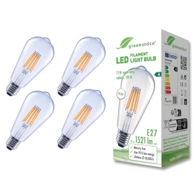 Imagen de greenandco 4x bombilla de filamento LED transparente E27 ST64 7,2W 1521lm sustituye A 100W 3000K blanco cálido 320 230V sin parpadeo clase energética no regulable