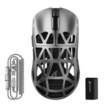 Imagen de ATTACK SHARK R2PRO 45g Superlight Ratón de Aleación Magnesio, Sensor PixArt PAW3950, 42000DPI Ultraligero Mouse, 8000Hz Sondeo inalámbrico, Cableado/2,4G/BT, con Cable en Espiral, PC/Mac, Gris