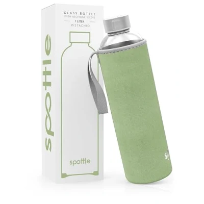 Imagen de Spottle Botella de Agua Vidrio con Funda Neopreno, Borosilicato Apta para Lavavajillas, Adecuada Todas las Bebidas, Libre BPA, 1L